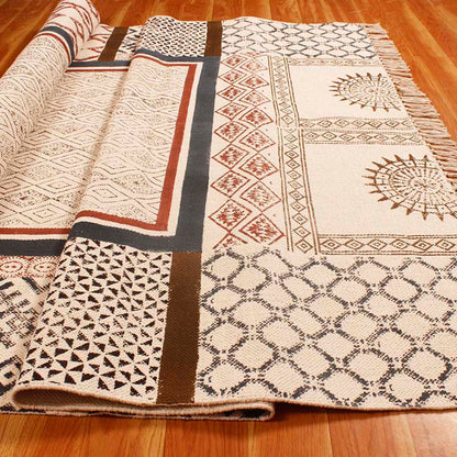 Hand Block Cotton Printed Bordered Beige Brown Farmhouse Area Rug - Indian Rug Store