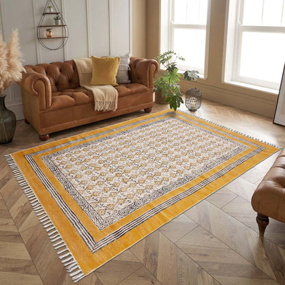 Yellow Cotton Bordered Handmade Rug - Indian Rug Store