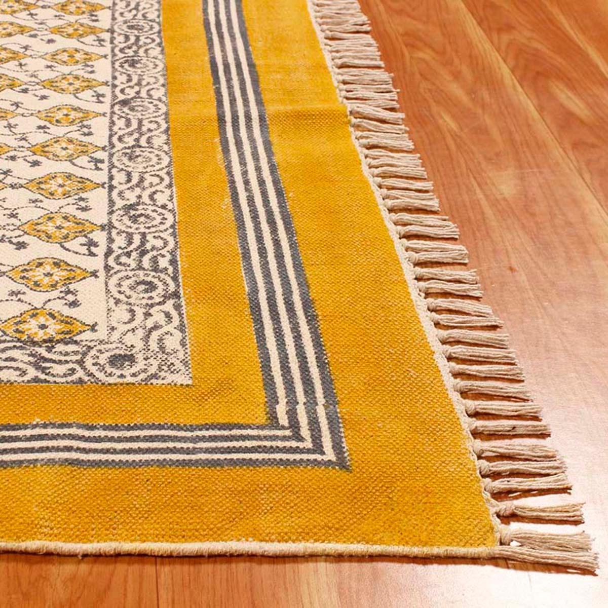 Yellow Cotton Bordered Handmade Rug - Indian Rug Store