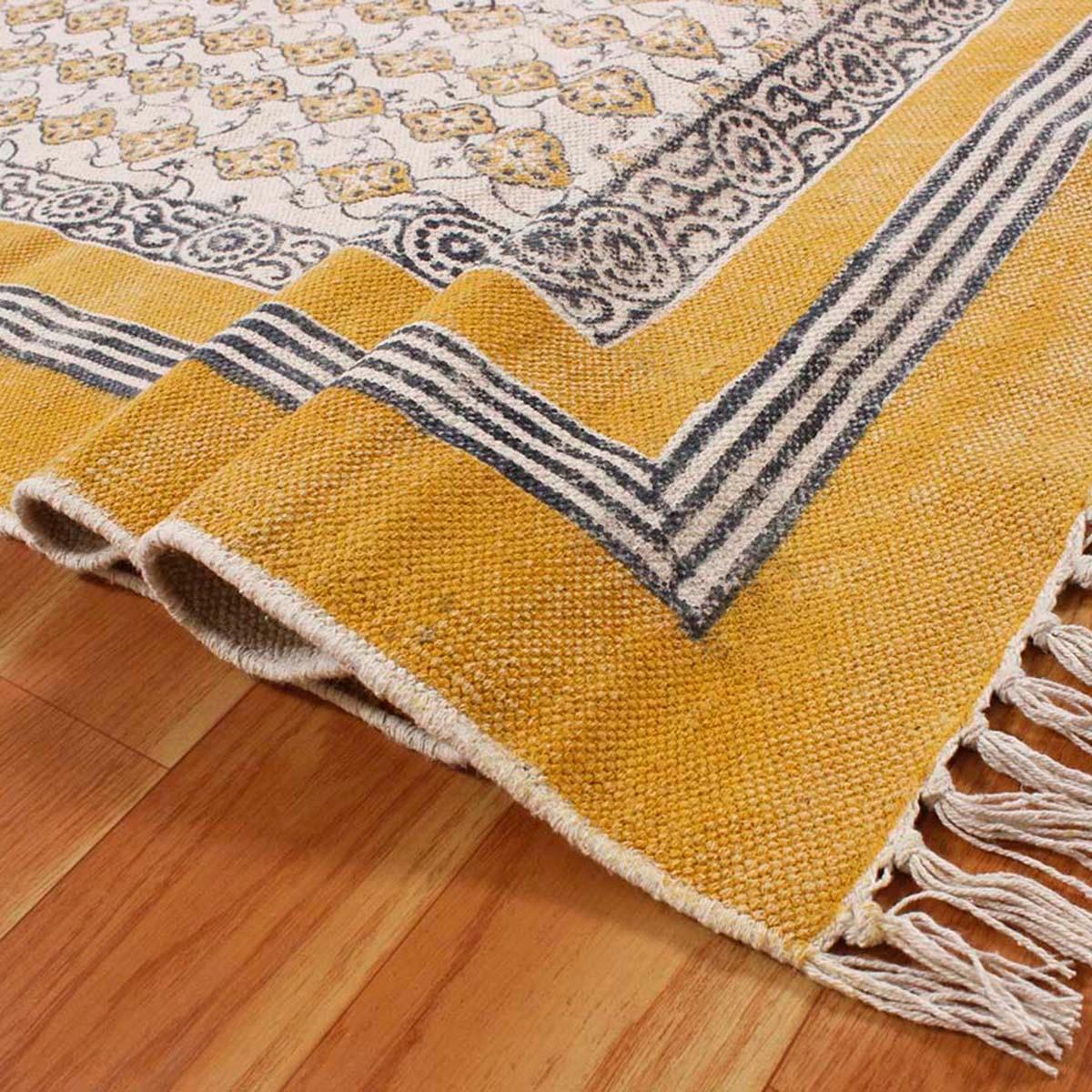 Yellow Cotton Bordered Handmade Rug - Indian Rug Store