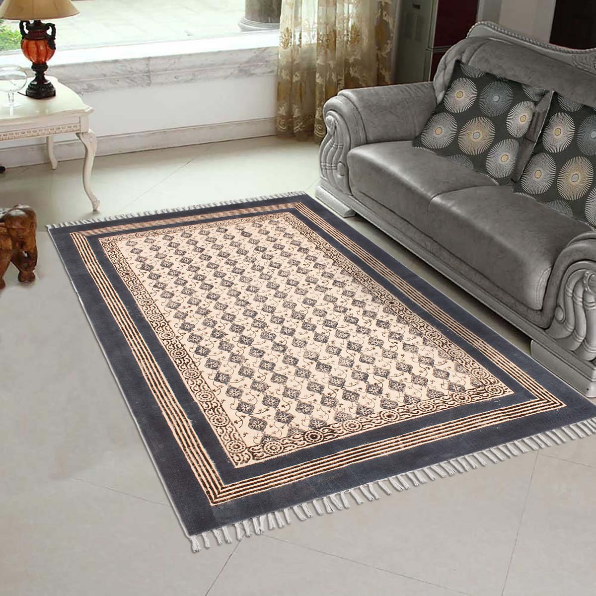 Blue Beige Cotton Bordered Handmade Rug - Indian Rug Store