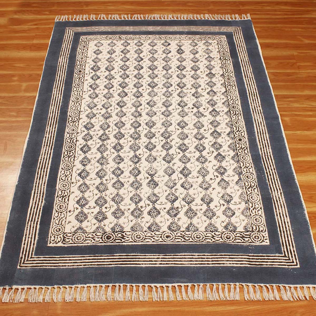 Blue Beige Cotton Bordered Handmade Rug - Indian Rug Store