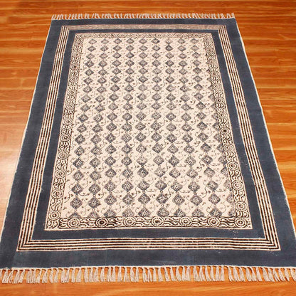 Blue Beige Cotton Bordered Handmade Rug - Indian Rug Store