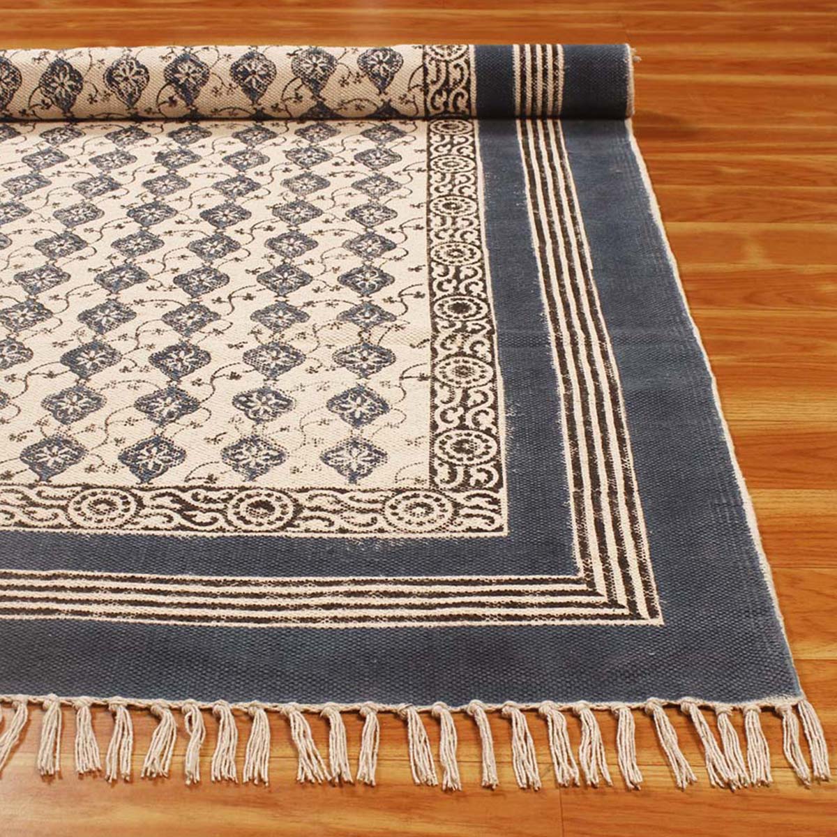 Blue Beige Cotton Bordered Handmade Rug - Indian Rug Store