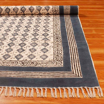 Blue Beige Cotton Bordered Handmade Rug - Indian Rug Store