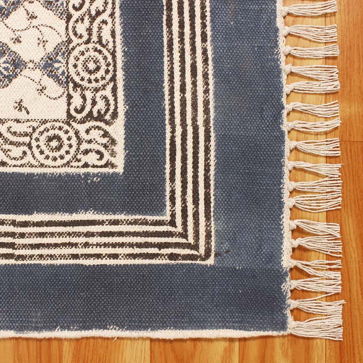 Blue Beige Cotton Bordered Handmade Rug - Indian Rug Store