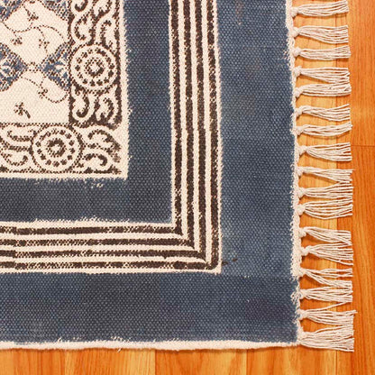 Blue Beige Cotton Bordered Handmade Rug - Indian Rug Store