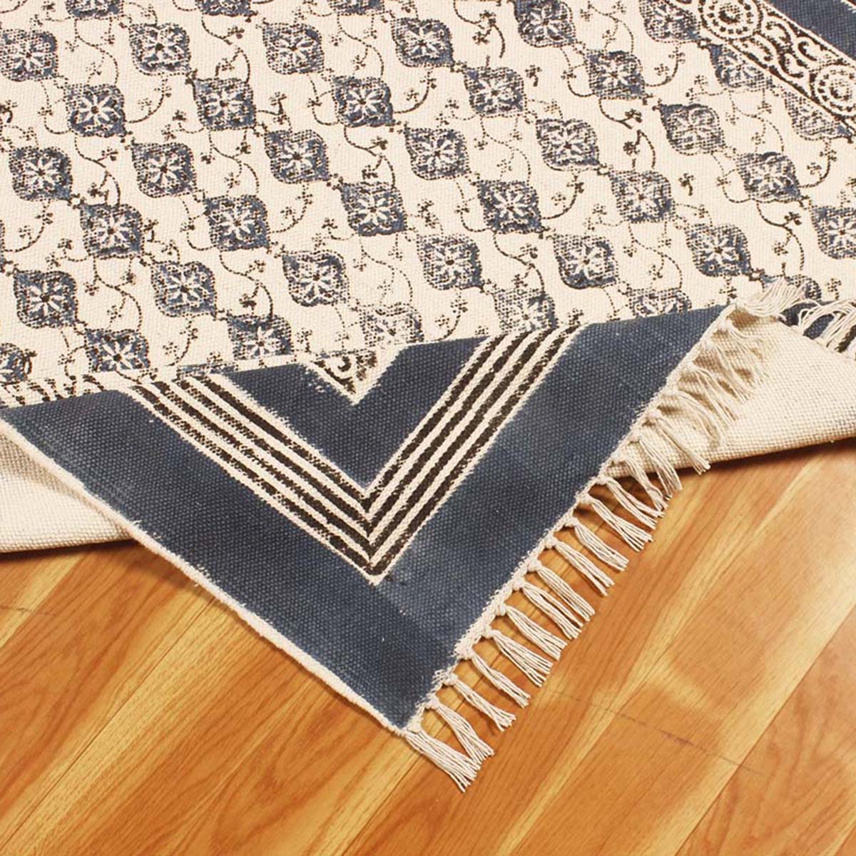 Blue Beige Cotton Bordered Handmade Rug - Indian Rug Store