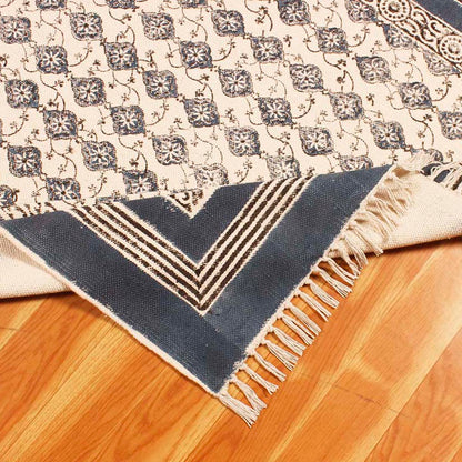 Blue Beige Cotton Bordered Handmade Rug - Indian Rug Store