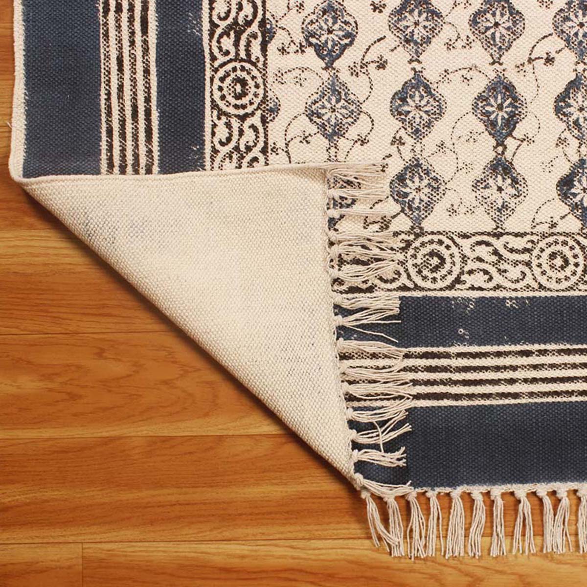 Blue Beige Cotton Bordered Handmade Rug - Indian Rug Store