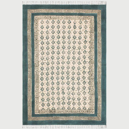 Green Beige Cotton Bordered Handmade Rug - Indian Rug Store