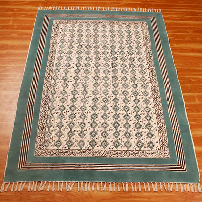 Green Beige Cotton Bordered Handmade Rug - Indian Rug Store