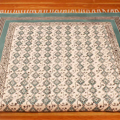 Green Beige Cotton Bordered Handmade Rug - Indian Rug Store