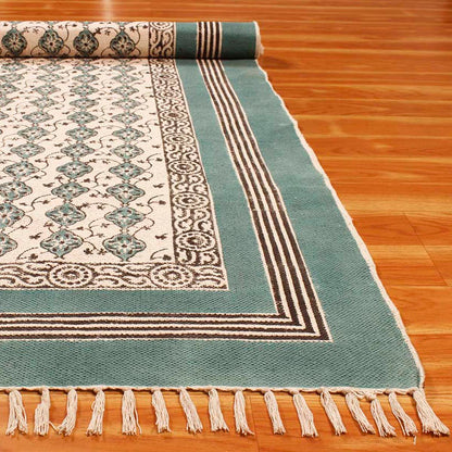 Green Beige Cotton Bordered Handmade Rug - Indian Rug Store