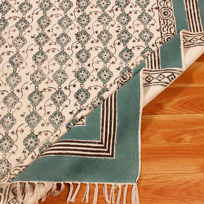 Green Beige Cotton Bordered Handmade Rug - Indian Rug Store