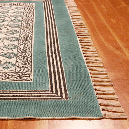 Green Beige Cotton Bordered Handmade Rug - Indian Rug Store