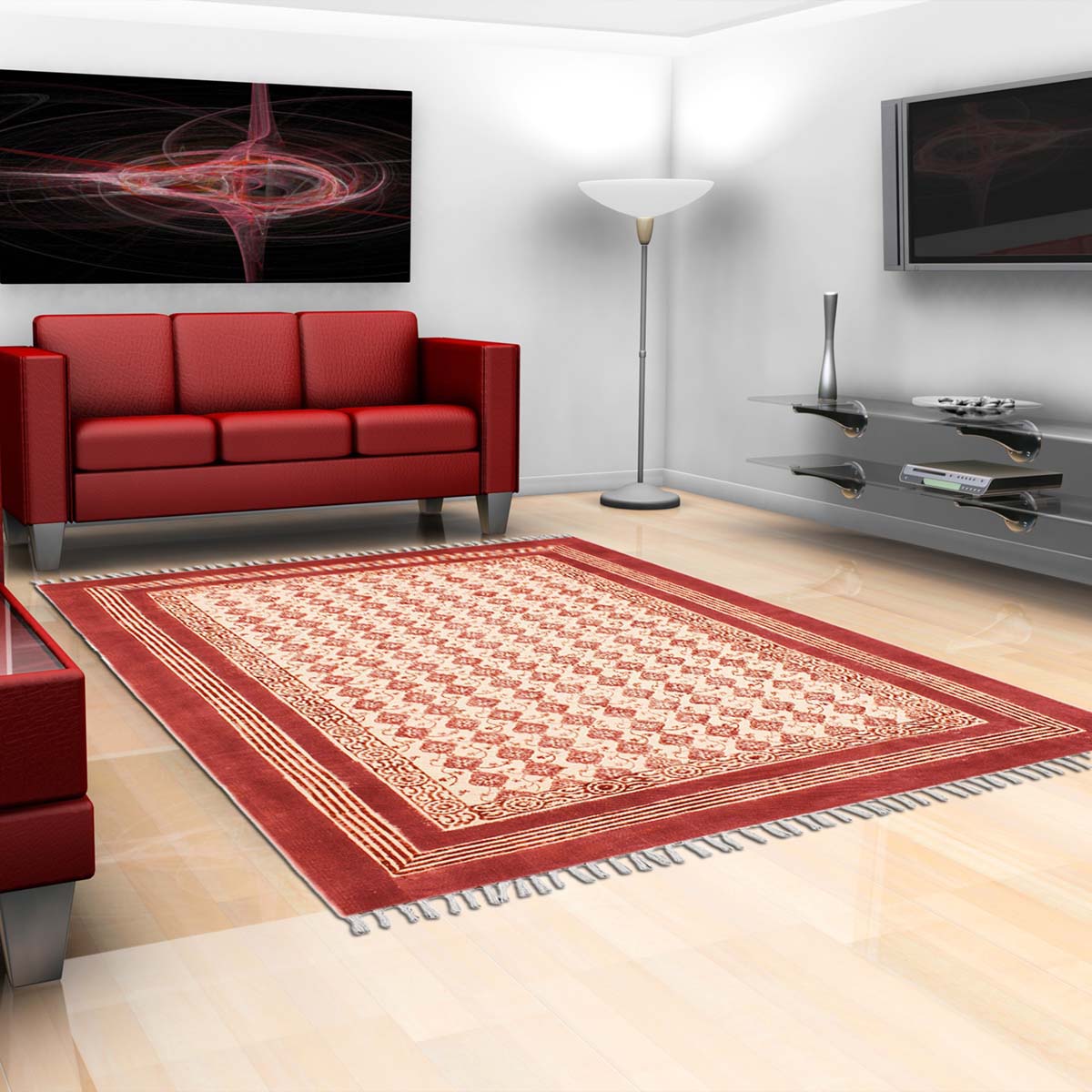 Handmade Red Beige Bordered Cotton Rug - Indian Rug Store