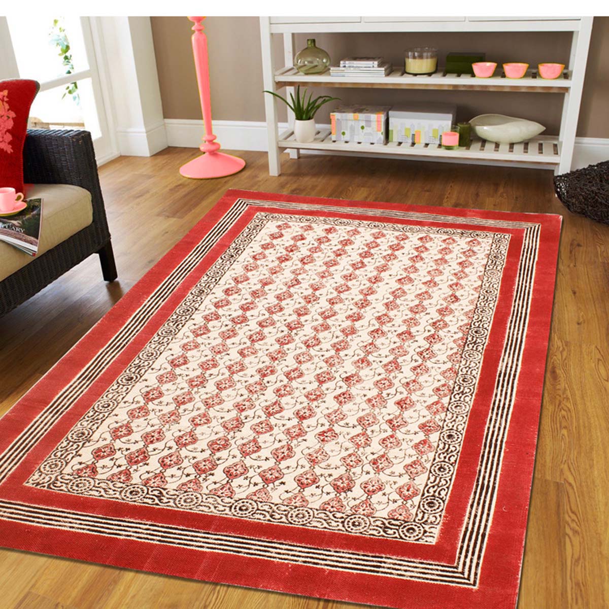 Handmade Red Beige Bordered Cotton Rug - Indian Rug Store