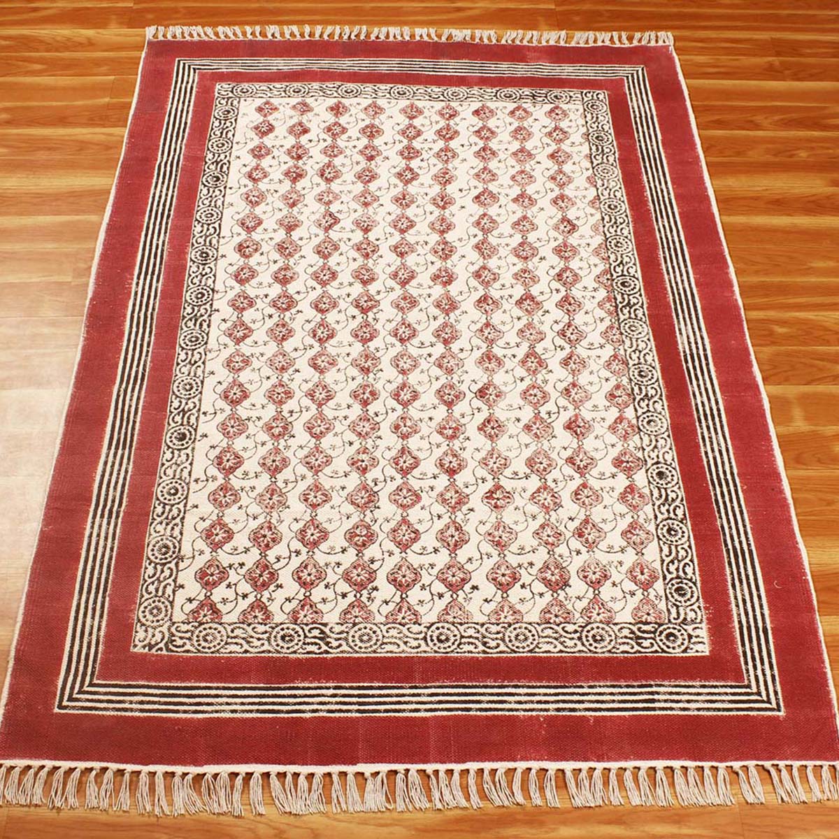 Handmade Red Beige Bordered Cotton Rug - Indian Rug Store