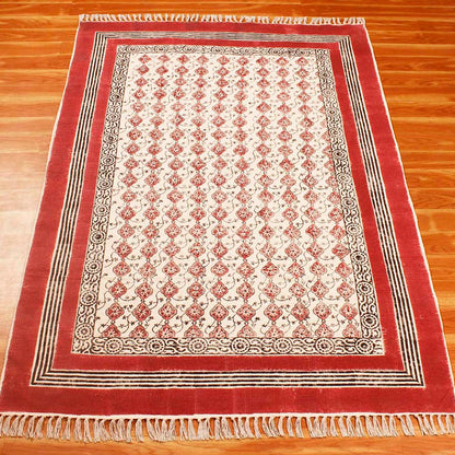 Handmade Red Beige Bordered Cotton Rug - Indian Rug Store