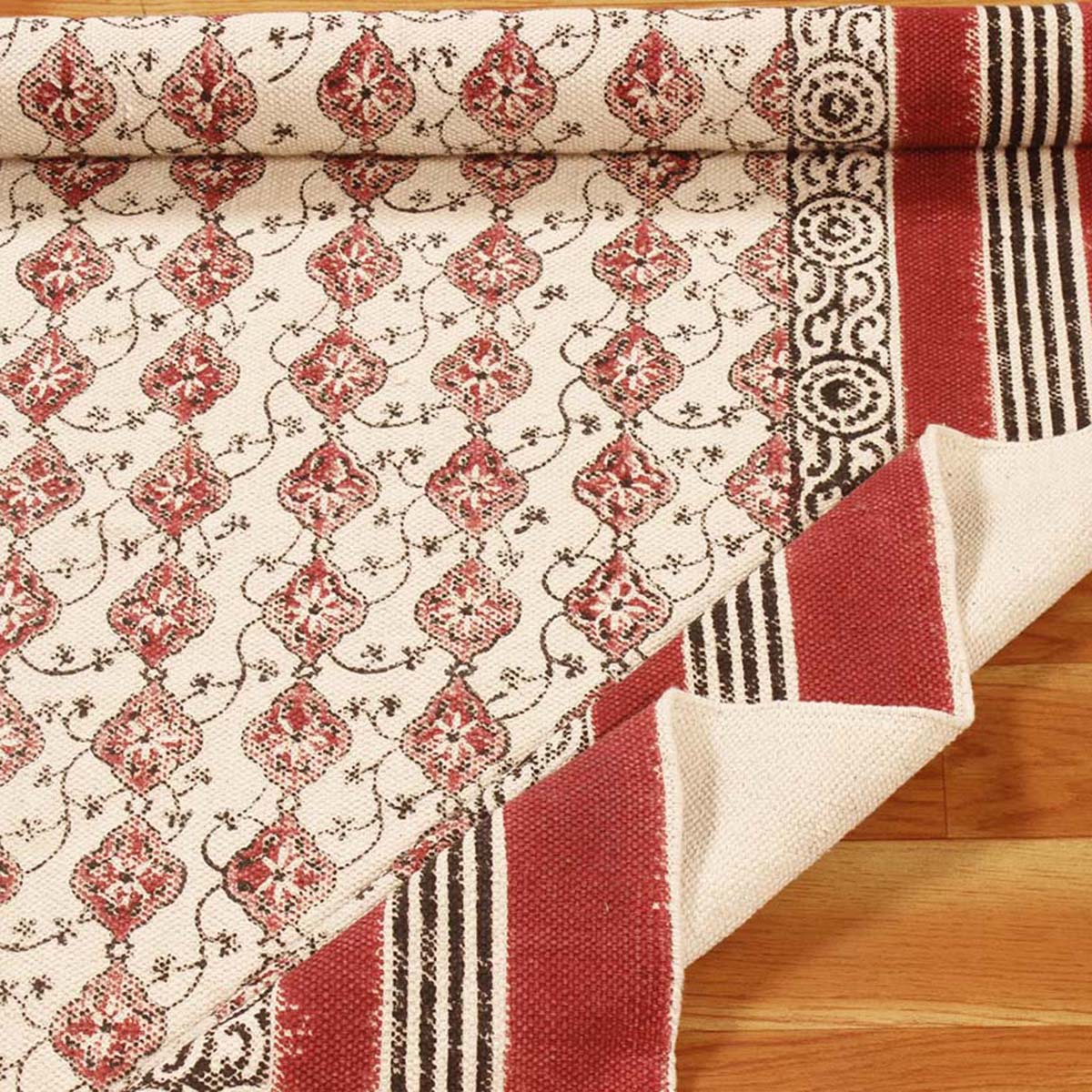 Handmade Red Beige Bordered Cotton Rug - Indian Rug Store