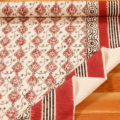 Handmade Red Beige Bordered Cotton Rug - Indian Rug Store