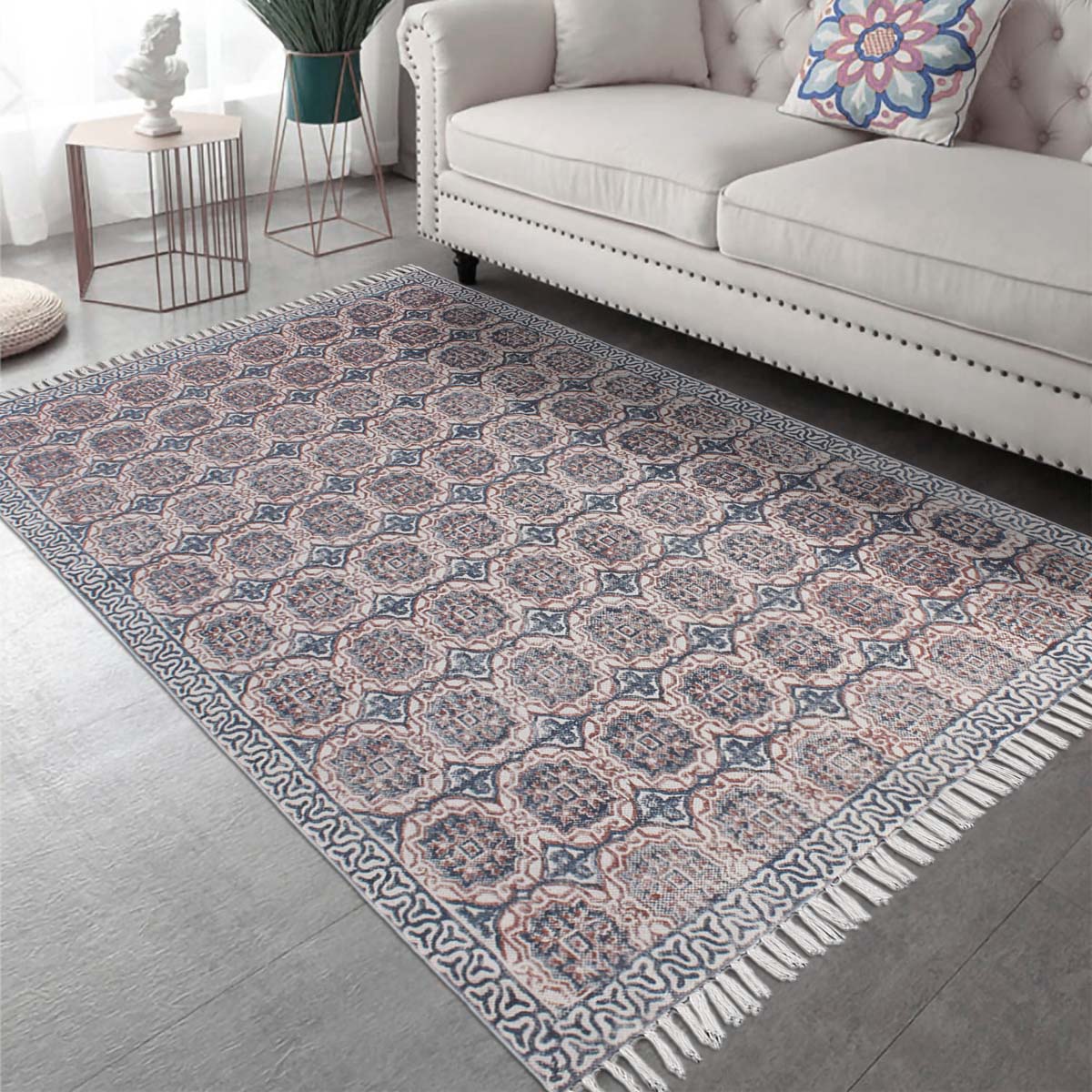 Floral Hand Block Printed Cotton Natural Large Area Rug - Indian Rug Store