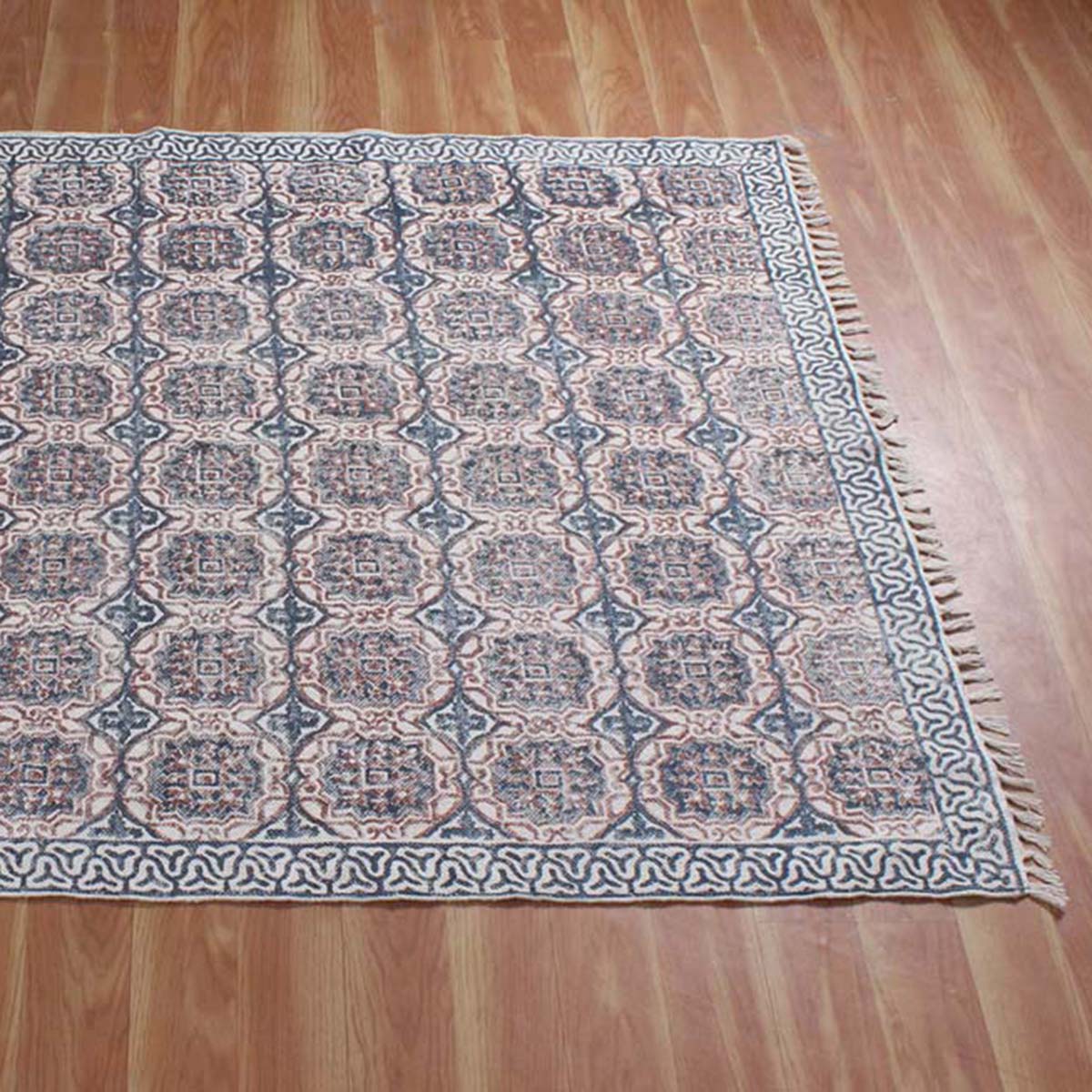 Floral Hand Block Printed Cotton Natural Large Area Rug - Indian Rug Store