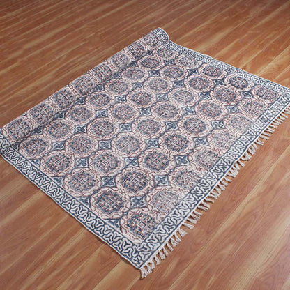 Floral Hand Block Printed Cotton Natural Large Area Rug - Indian Rug Store