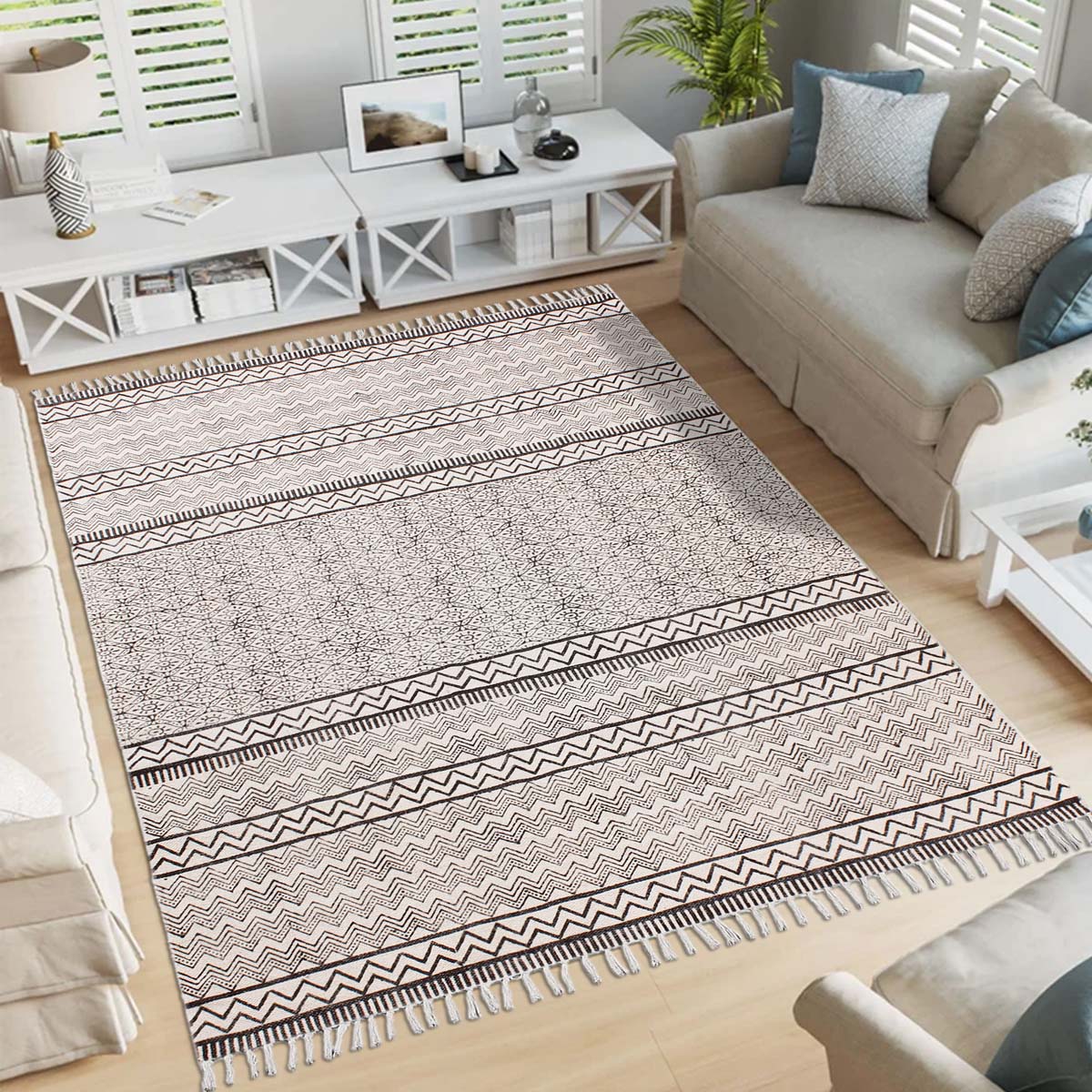 Hand Block Printed Ethically Crafted Striped Dining Area Rug - Indian Rug Store