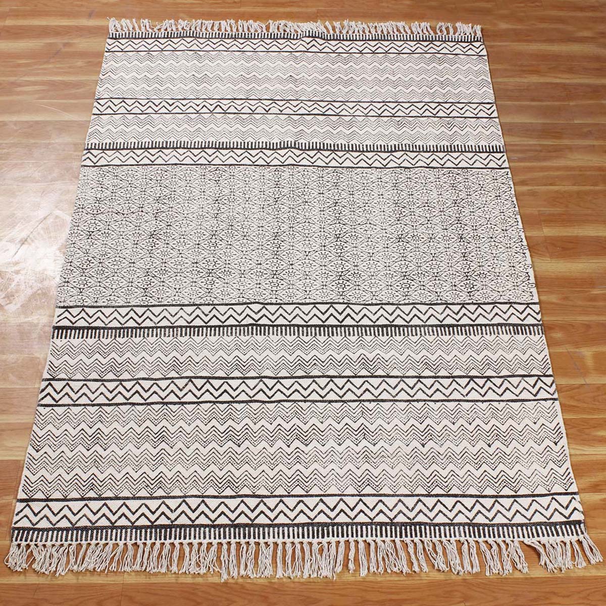 Hand Block Printed Ethically Crafted Striped Dining Area Rug - Indian Rug Store