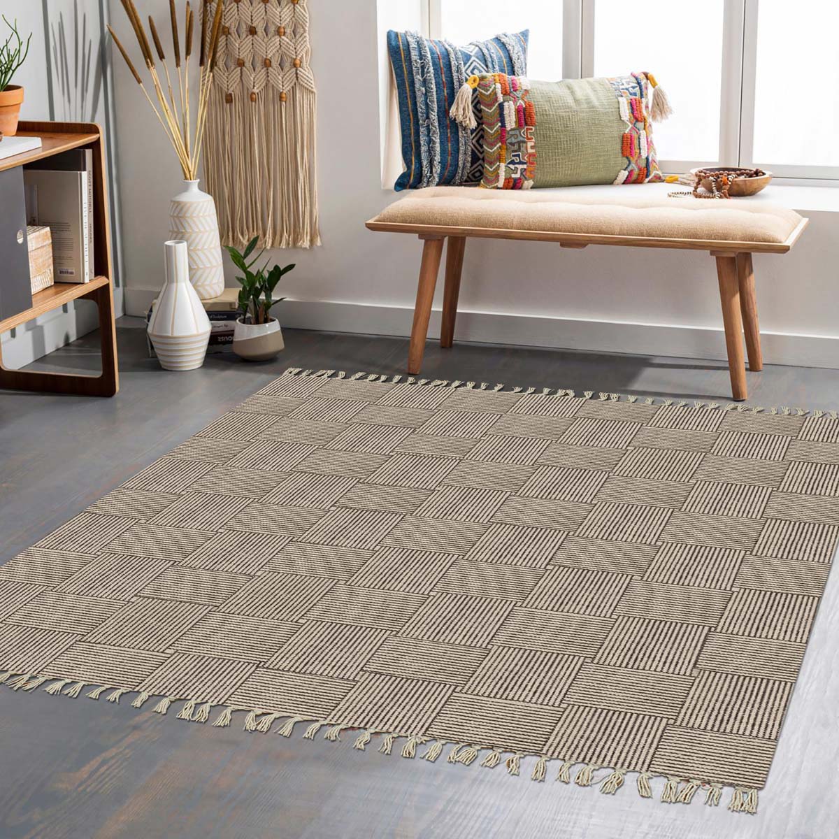 Hand Block Printed Cotton Grey Checked Office Large Area Rug - Indian Rug Store