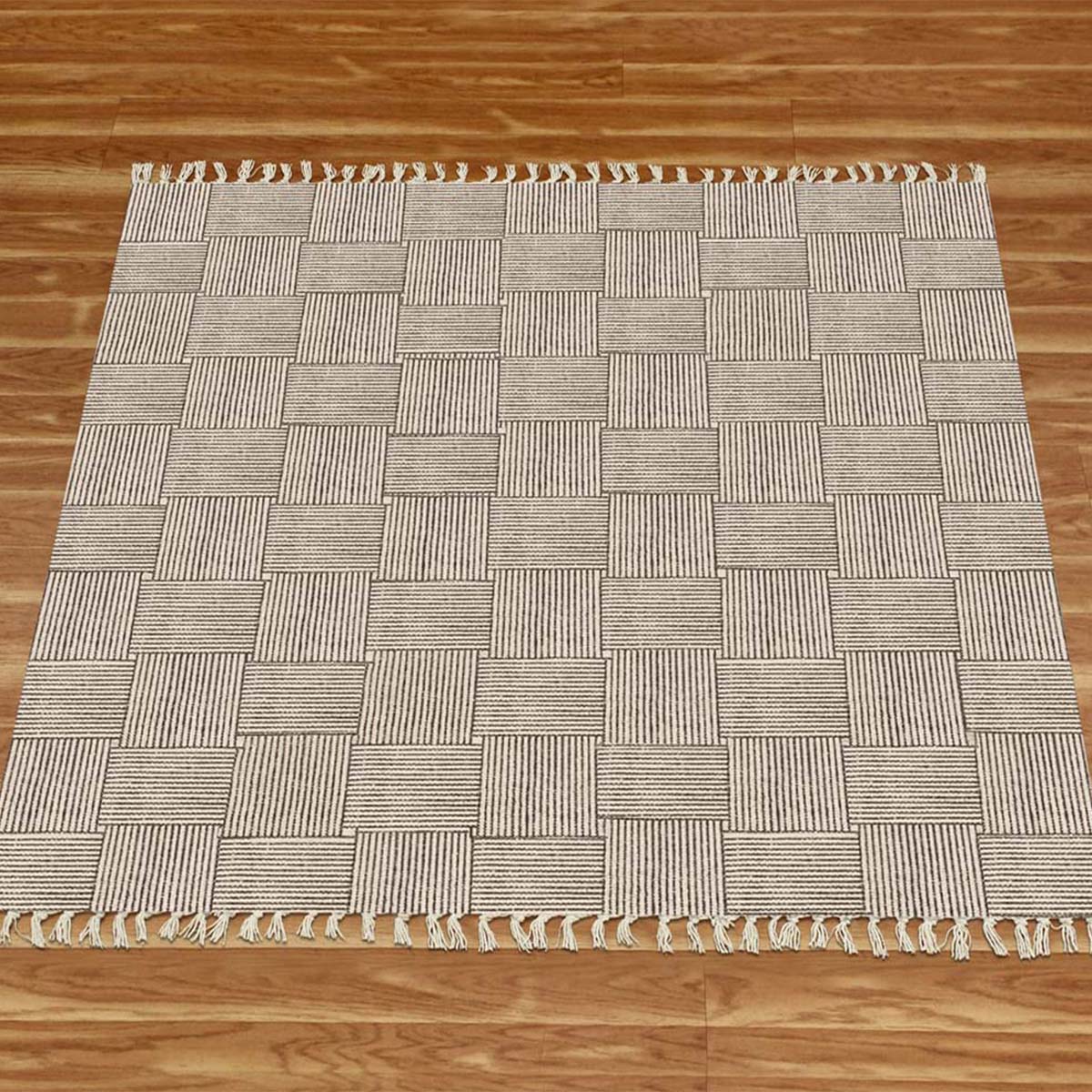 Hand Block Printed Cotton Grey Checked Office Large Area Rug - Indian Rug Store