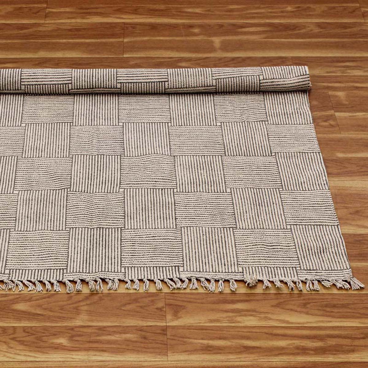 Hand Block Printed Cotton Grey Checked Office Large Area Rug - Indian Rug Store