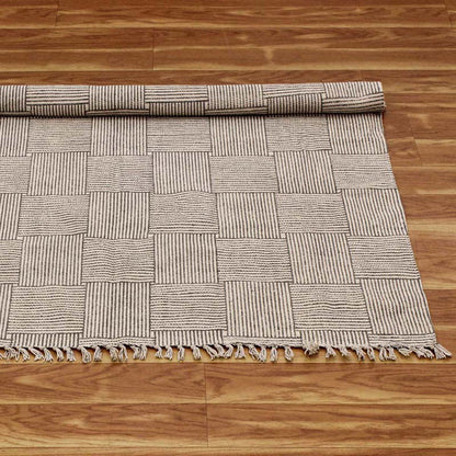 Hand Block Printed Cotton Grey Checked Office Large Area Rug - Indian Rug Store