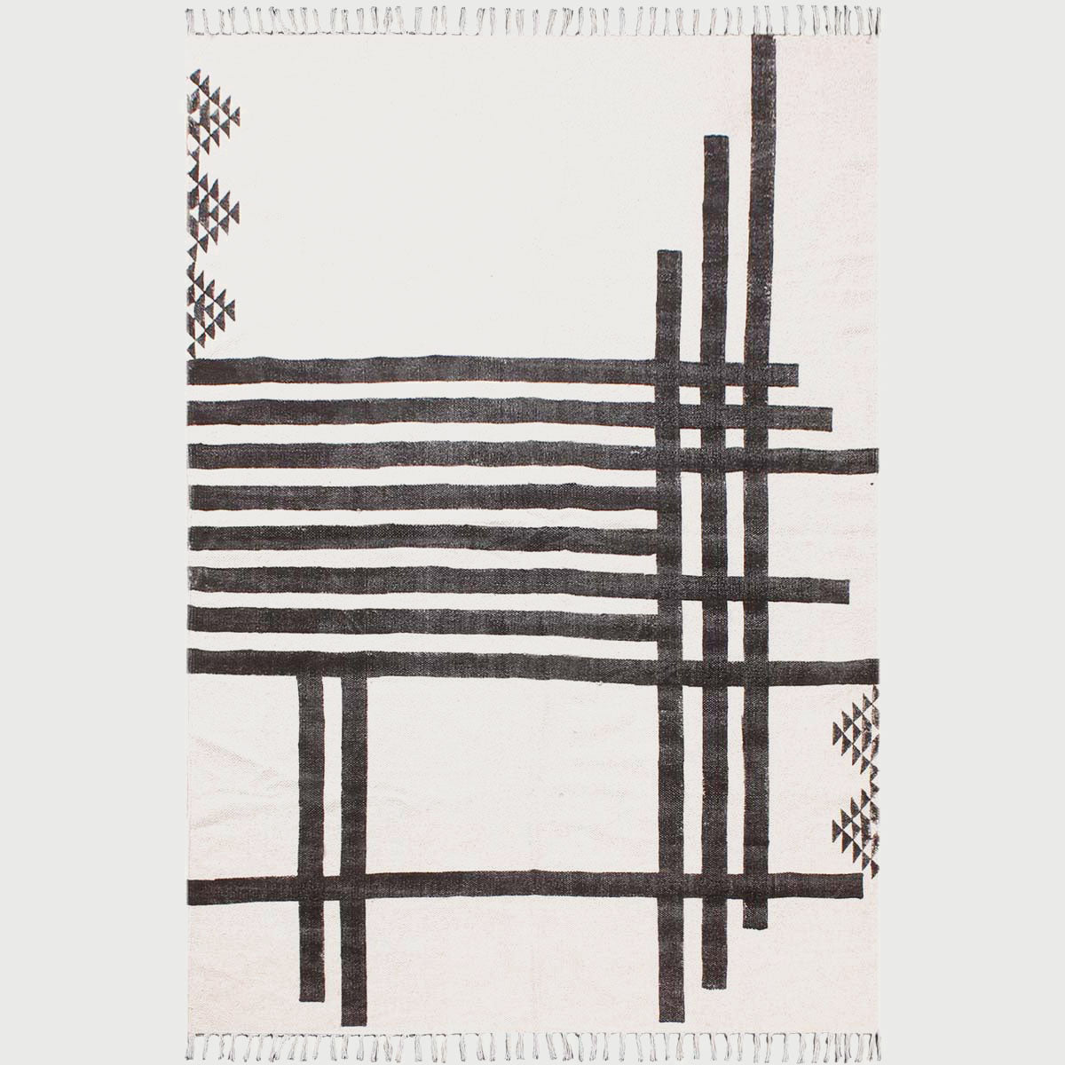 Natural Hand Block Printed Black and White Striped Cotton Rug - Indian Rug Store