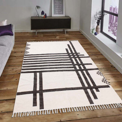 Natural Hand Block Printed Black and White Striped Cotton Rug - Indian Rug Store