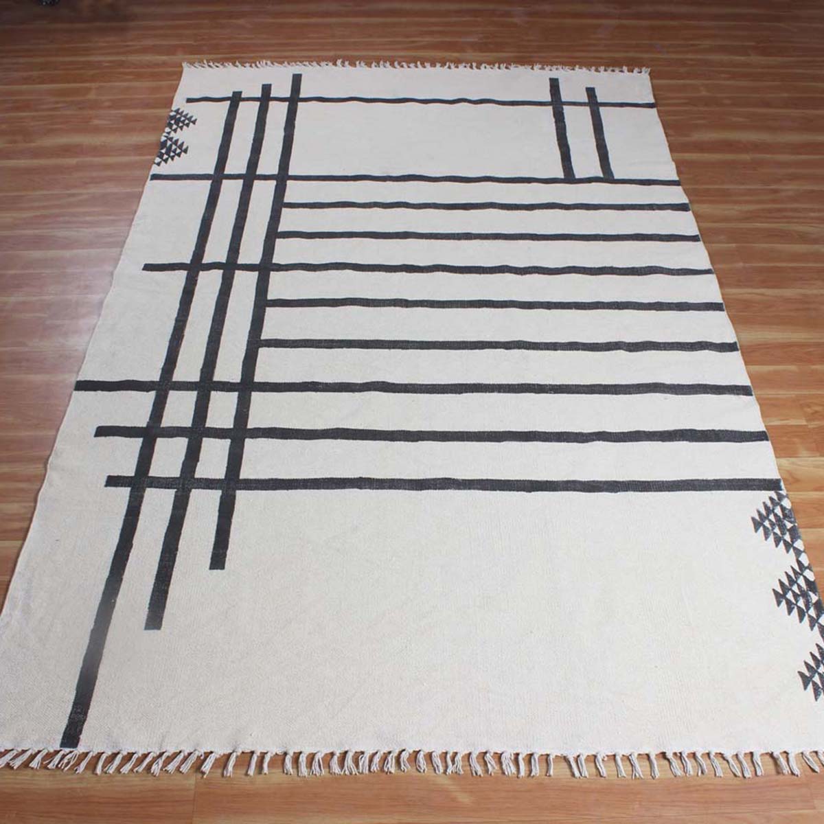 Natural Hand Block Printed Black and White Striped Cotton Rug - Indian Rug Store