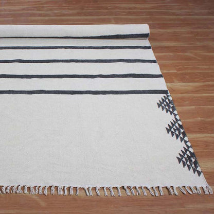 Natural Hand Block Printed Black and White Striped Cotton Rug - Indian Rug Store