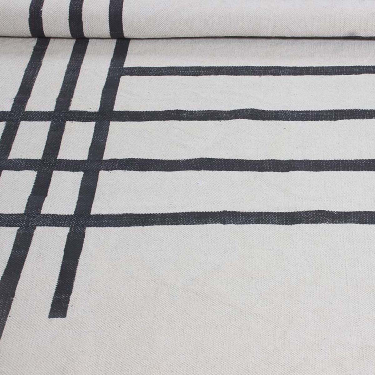 Natural Hand Block Printed Black and White Striped Cotton Rug - Indian Rug Store