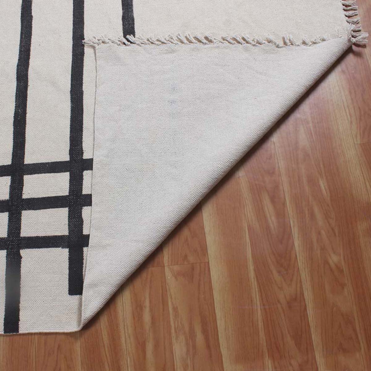 Natural Hand Block Printed Black and White Striped Cotton Rug - Indian Rug Store