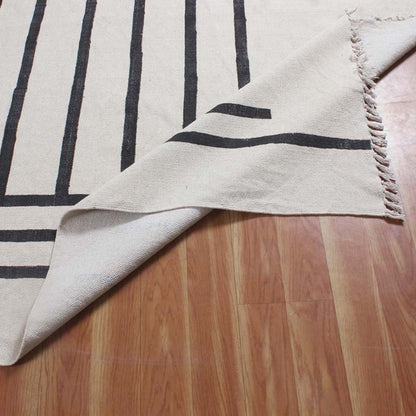 Natural Hand Block Printed Black and White Striped Cotton Rug - Indian Rug Store