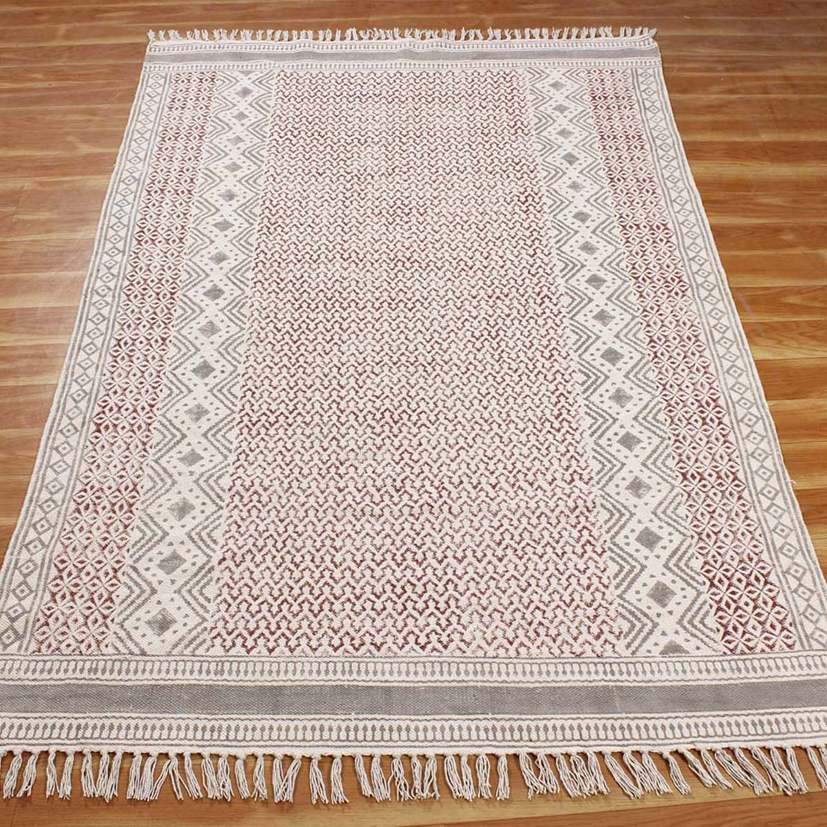 Red Gray Hand Block Print Cotton Classic Elegance Hallway Area Rug - Indian Rug Store