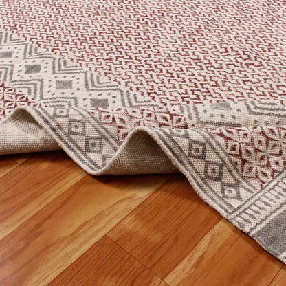 Red Gray Hand Block Print Cotton Classic Elegance Hallway Area Rug - Indian Rug Store