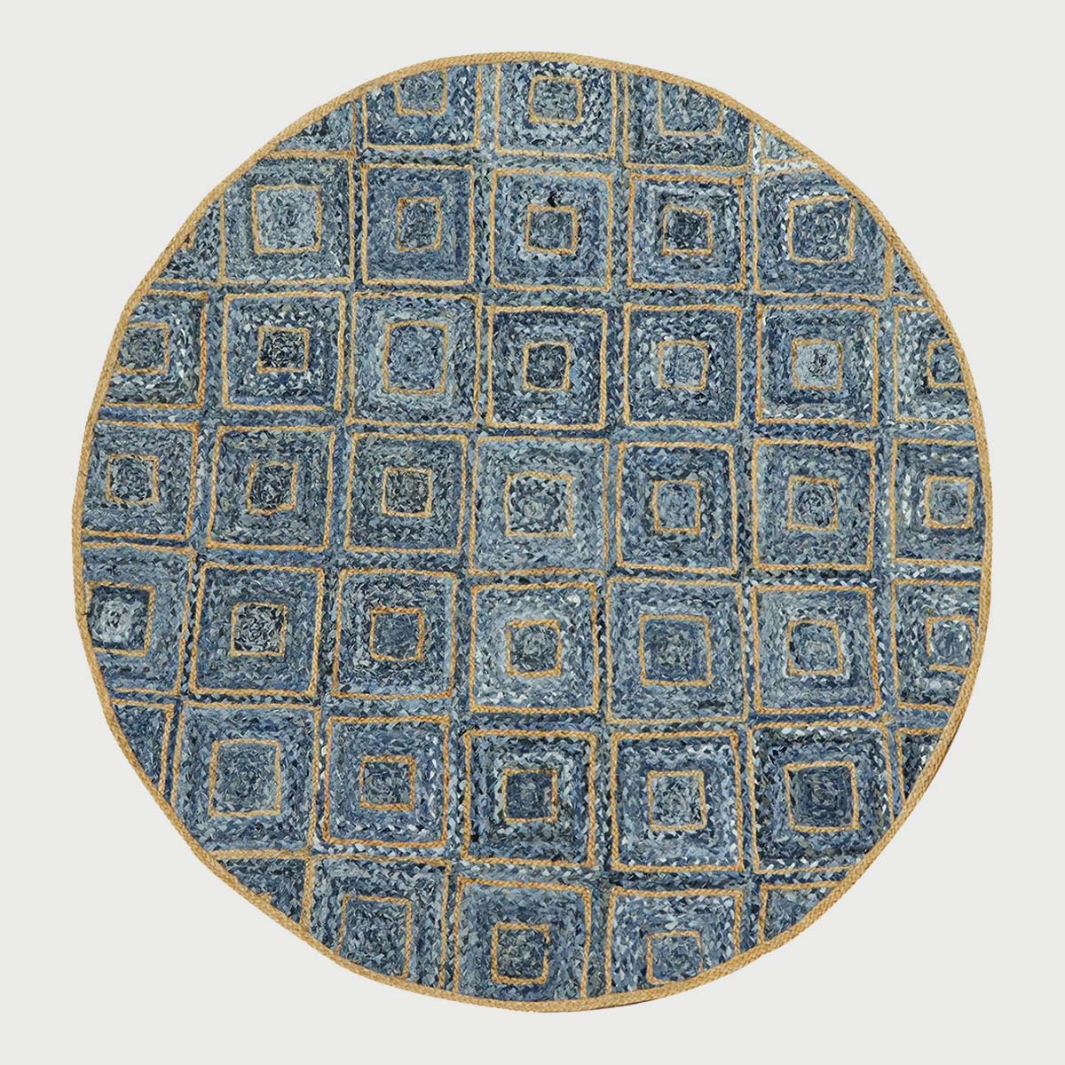 Blue Beige Hand Braided Round Living Room Cotton Jute Rug - Indian Rug Store