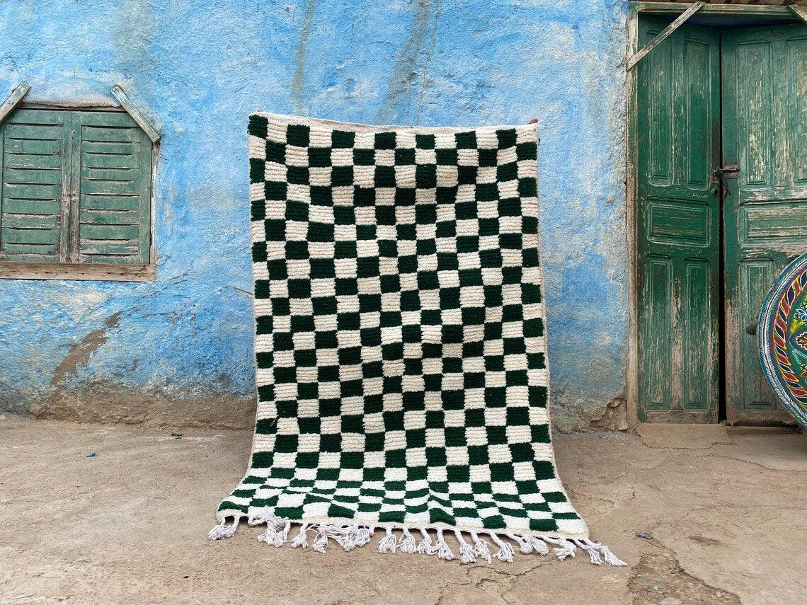 Checked Hand Made Soft Wool Green Modern Area Rug