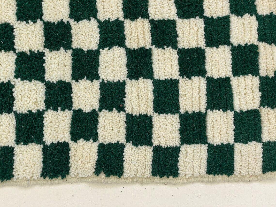 Checked Hand Made Soft Wool Green Modern Area Rug