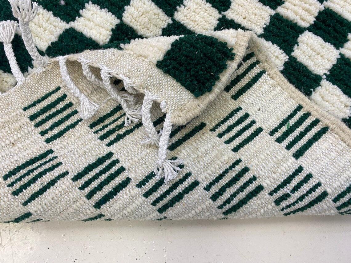 Checked Hand Made Soft Wool Green Modern Area Rug