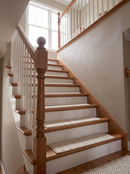 Handwoven Wool Stair Treads, Cream Pebble Loop Step Mats with Non-Slip Rug Pads