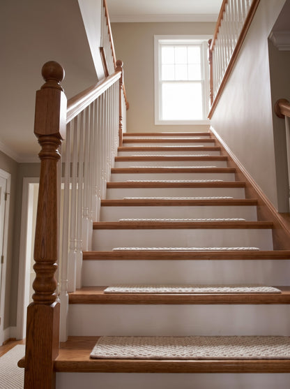 Handwoven Wool Stair Treads, Cream Pebble Loop Step Mats with Non-Slip Rug Pads